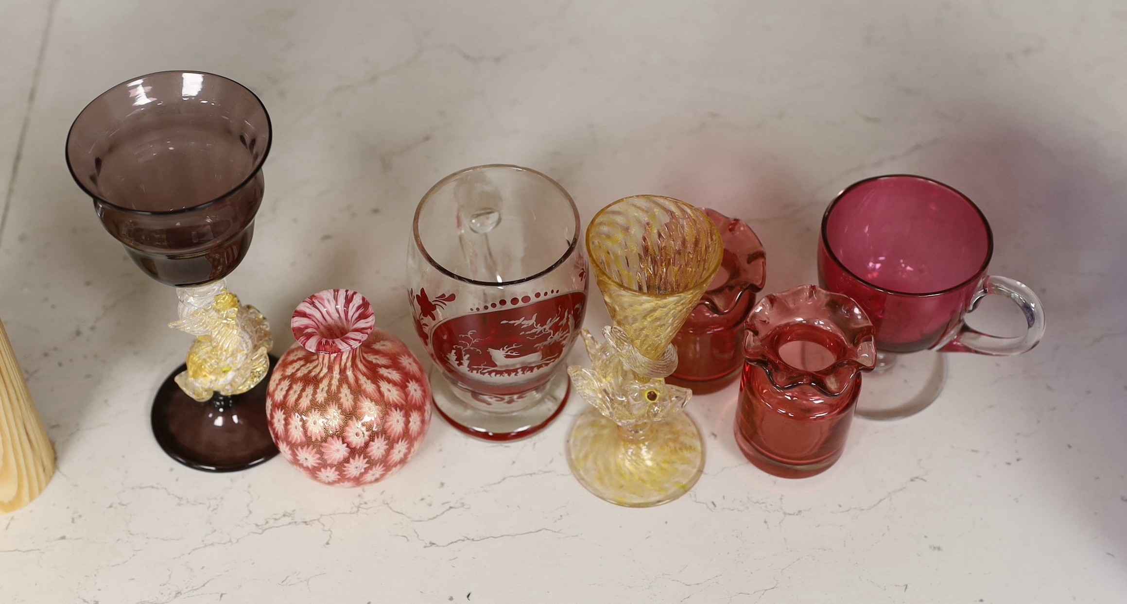 Two facon de Venise wine glasses and five other glass items. Tallest 14.5cm